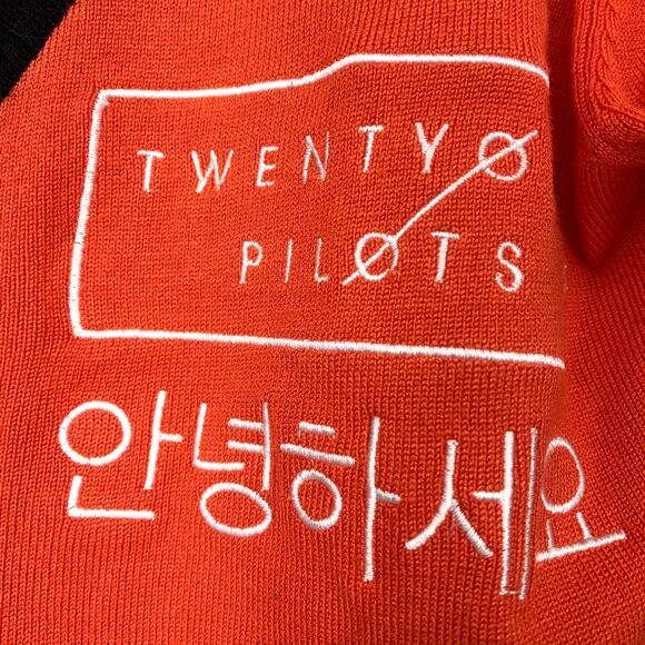 SOLD  Twenty One Pilots Red Orange Cardigan Sweater Juniors L - Picture 6 of 8
